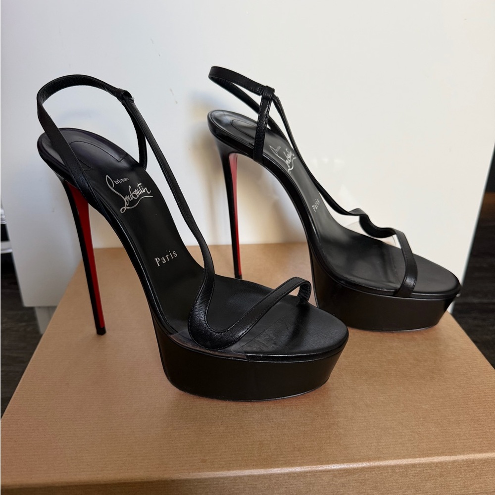 Christian Louboutin Black Leather Platform Slingback Sandals with Red Soles